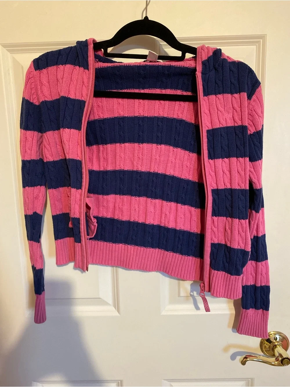 Lilly Pulitzer pink navy striped zip up cotton sweater, girls size 12